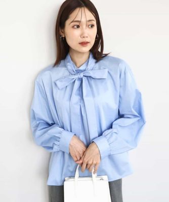 MK MICHEL KLEIN (Women)/エムケーミッシェルクラン ボウタイ付きスタンドネックコットンブラウス/洗える 50ライトブルー トップス【三越伊勢丹/公式】