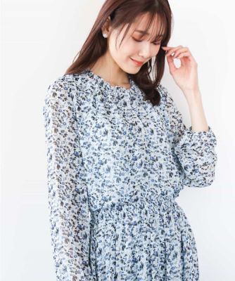 MK MICHEL KLEIN (Women)/エムケーミッシェルクラン ギャザーフリルネック花柄シフォンブラウス/洗える