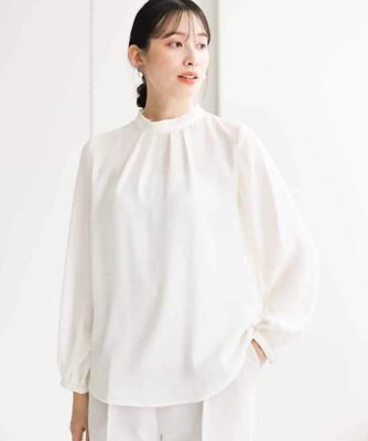 MK MICHEL KLEIN (Women)/エムケーミッシェルクラン フリルネックデザインサテンワッシャーブラウス／洗える