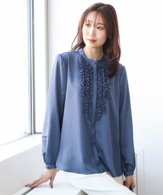 ＜MK MICHEL KLEIN (Women)＞フリルディティールサテンブラウス／洗える