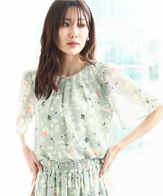 フレアースリーブ花柄シフォンブラウス／洗える