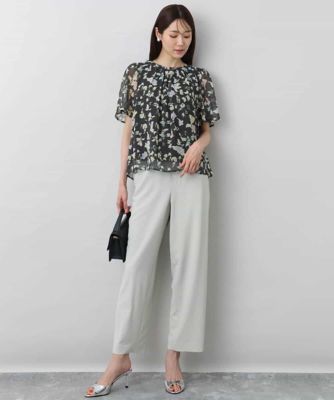 フレアースリーブ花柄シフォンブラウス／洗える