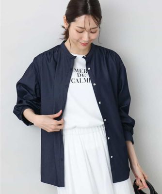 ＜MK MICHEL KLEIN (Women)＞ボウタイ付きデニムライクバンドカラーブラウス／洗える