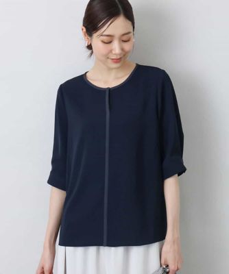 配色パイピングＶネックブラウス／洗える