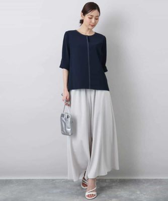 配色パイピングＶネックブラウス／洗える