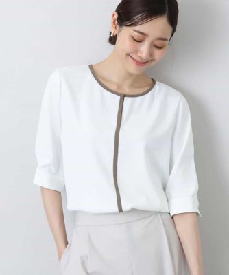 配色パイピングＶネックブラウス／洗える