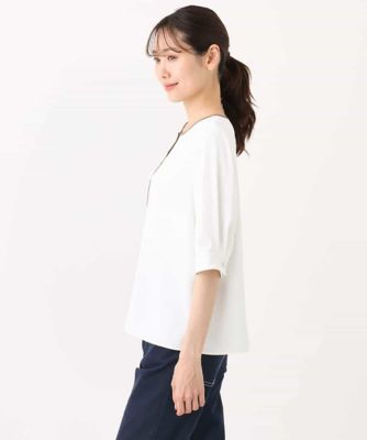配色パイピングＶネックブラウス／洗える