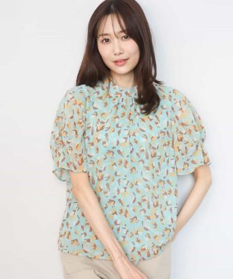 ＜MK MICHEL KLEIN (Women)＞タックスリーブ花柄シフォンブラウス／洗える