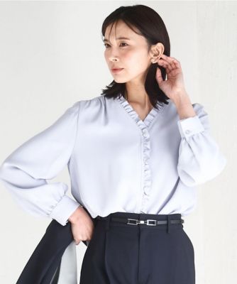 ＜MK MICHEL KLEIN (Women)＞Ｖネックミニフリルブラウス／洗える