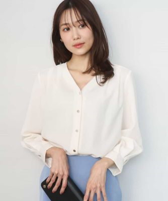 ＜MK MICHEL KLEIN (Women)＞Ｖネックサテンブラウス／洗える