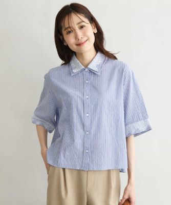 ＜MK MICHEL KLEIN (Women)＞［洗える］ストライプレース五分袖シャツブラウス