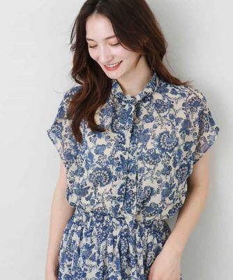 更紗プリント花柄シフォンブラウス／前後２ｗａｙ／洗える