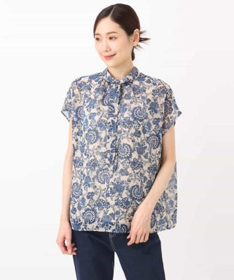 更紗プリント花柄シフォンブラウス／前後２ｗａｙ／洗える
