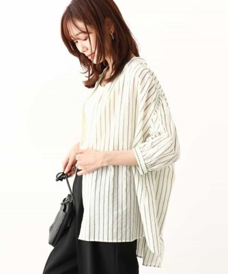 ＜MK MICHEL KLEIN (Women)＞コットンストライプバンドカラーシャツブラウス／洗える