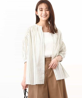コットンストライプバンドカラーシャツブラウス／洗える
