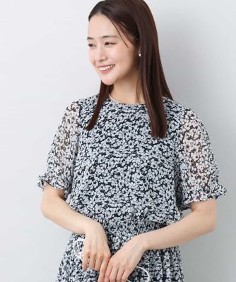 小花柄タックスリーブシフォンブラウス／洗える