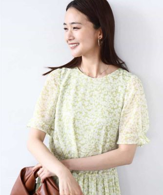 小花柄タックスリーブシフォンブラウス／洗える