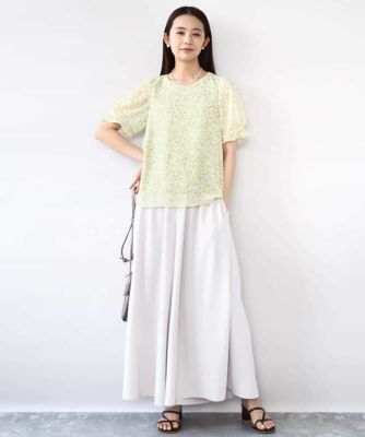 小花柄タックスリーブシフォンブラウス／洗える