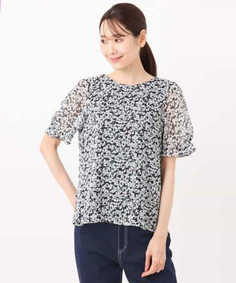 小花柄タックスリーブシフォンブラウス／洗える