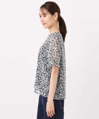 小花柄タックスリーブシフォンブラウス／洗える