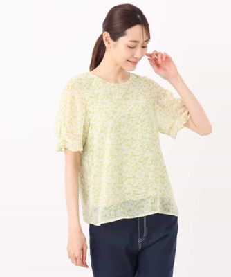 小花柄タックスリーブシフォンブラウス／洗える