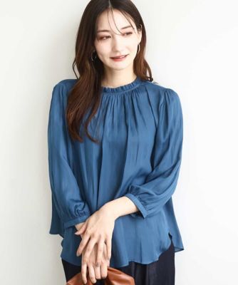 ＜MK MICHEL KLEIN (Women)＞フリルギャザーネックサテンブラウス／接触冷感／洗える