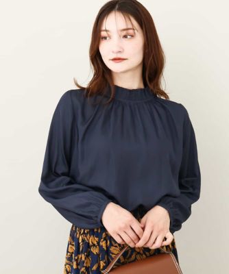 ＜MK MICHEL KLEIN (Women)＞シャーリングネックデザインサテンブラウス／洗える