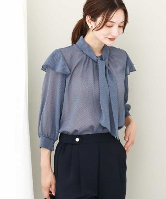 ボウタイ付きドット柄シアーブラウス／洗える