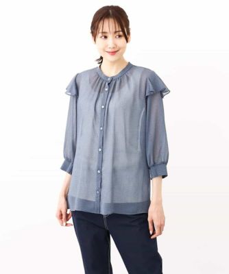 ボウタイ付きドット柄シアーブラウス／洗える