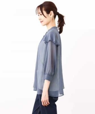 ボウタイ付きドット柄シアーブラウス／洗える