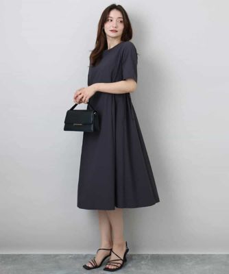 サイドベルトデザイン　ウエストタックストレッチワンピース／洗える