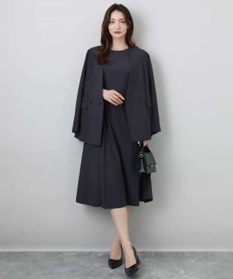 サイドベルトデザイン　ウエストタックストレッチワンピース／洗える