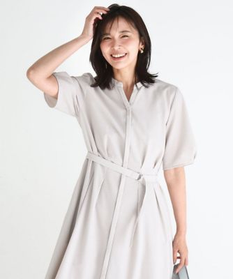 ＜MK MICHEL KLEIN (Women)＞サッカーストライプ　ウエストタックワンピース／洗える