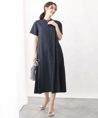 バンドカラー半袖ワンピース／洗える