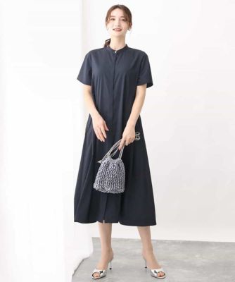 バンドカラー半袖ワンピース／洗える