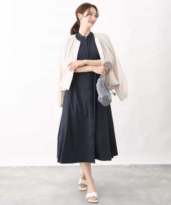 バンドカラー半袖ワンピース／洗える