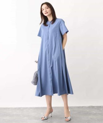 バンドカラー半袖ワンピース／洗える