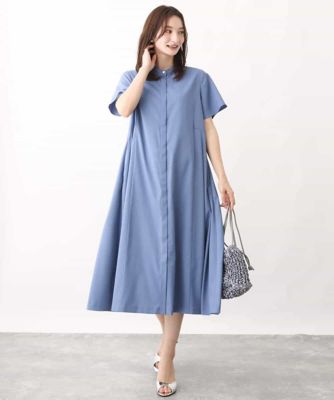 バンドカラー半袖ワンピース／洗える