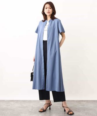 バンドカラー半袖ワンピース／洗える