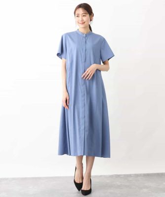 バンドカラー半袖ワンピース／洗える