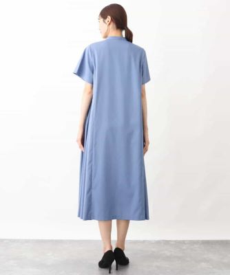 バンドカラー半袖ワンピース／洗える