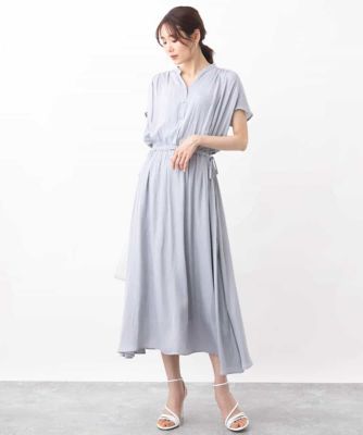 ウエストリボンデザインサテン地ワンピース／接触冷感／洗える