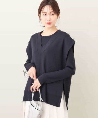 Ｖネックチュニックニットベスト×リブニットプルオーバー　ツインセット／洗える