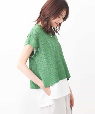 レーシー編みニット×ノースリーブカットソー　レイヤード２点セット／接触冷感／洗える