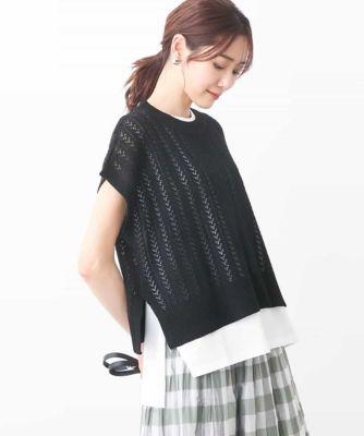 レーシー編みニット×ノースリーブカットソー　レイヤード２点セット／接触冷感／洗える