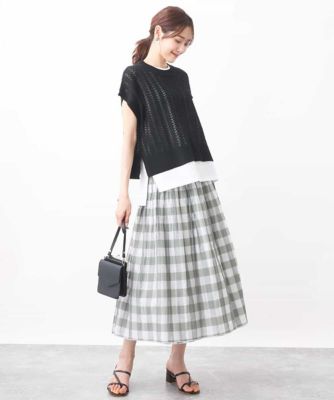 レーシー編みニット×ノースリーブカットソー　レイヤード２点セット／接触冷感／洗える
