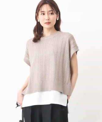 レーシー編みニット×ノースリーブカットソー　レイヤード２点セット／接触冷感／洗える
