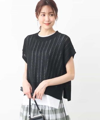 レーシー編みニット×ノースリーブカットソー　レイヤード２点セット／接触冷感／洗える