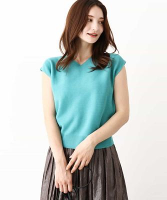 ＜MK MICHEL KLEIN (Women)＞バックパール調ビーズ　フレンチスリーブＶネックニット／洗える