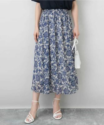更紗プリント花柄シフォンスカート／洗える